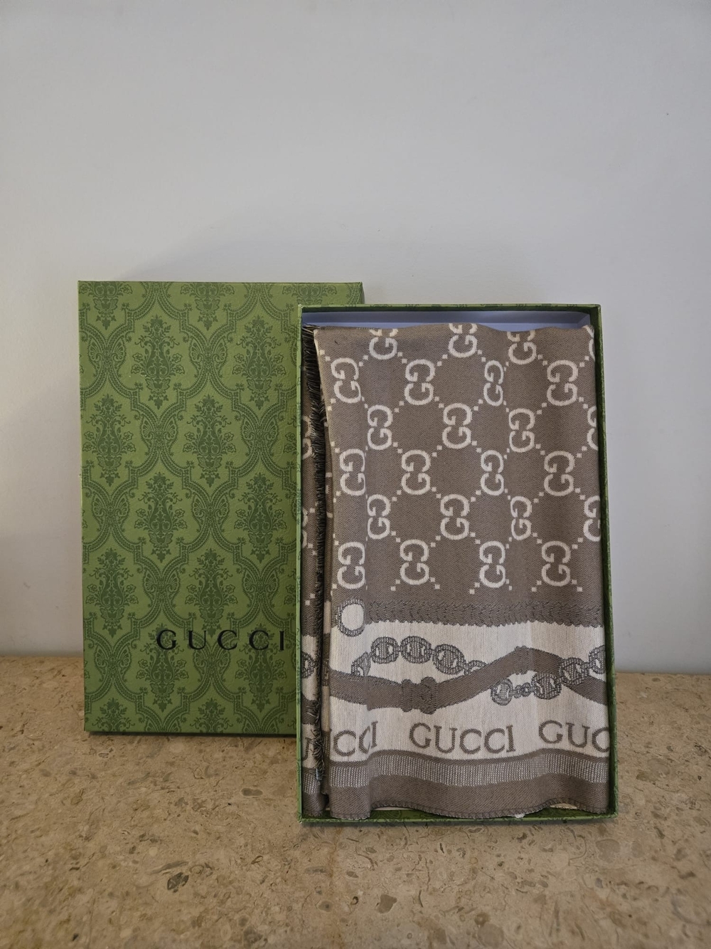 Gucci Taupe and Cream GG Pattern Scarf